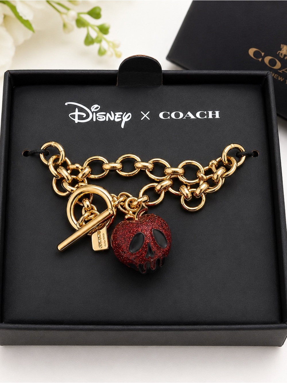 Disney x Coach Evil Queen Poison Apple Charm Bracelet Gold Tone w/ Original Box